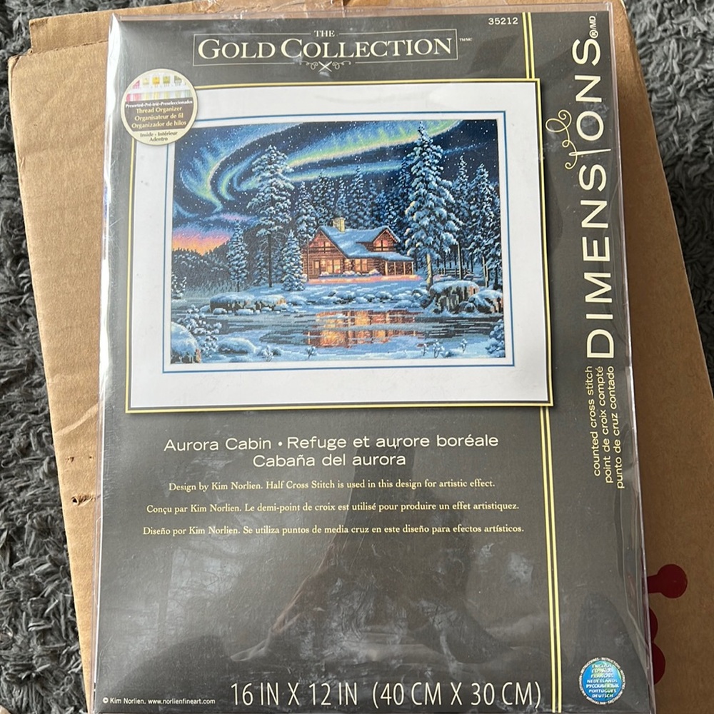 Counted cross stitch kit, aurora cabin
